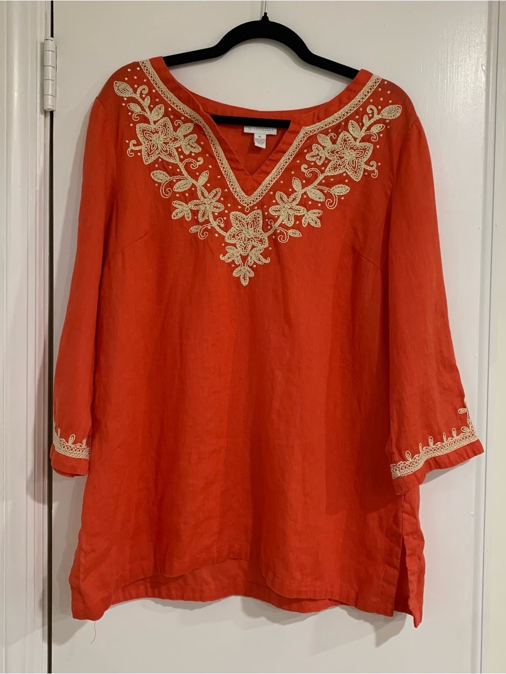 Charter Club 100% Linen Embroidered Tunic Top Bright Red Size XL Coastal Vacay